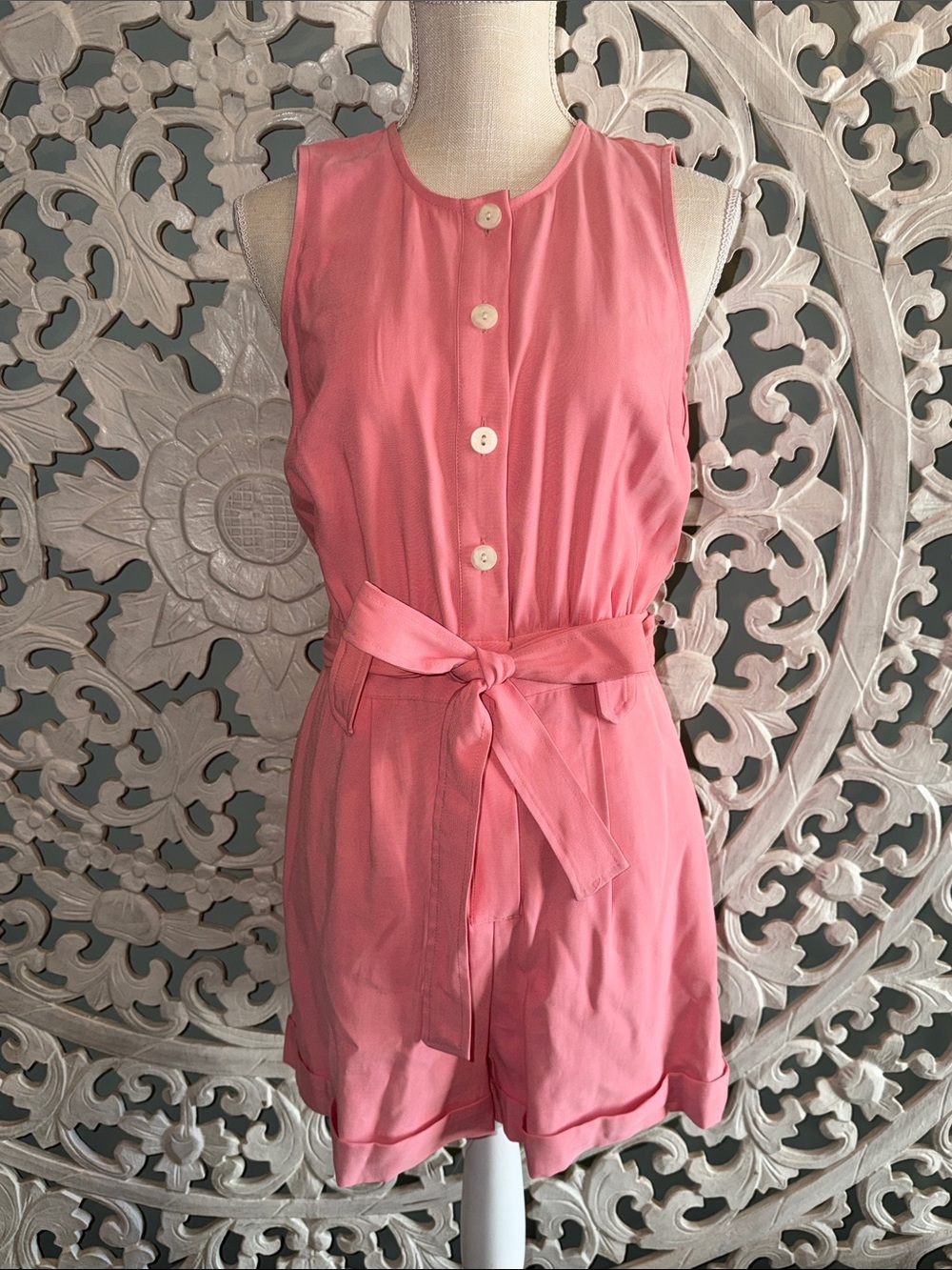 Nine West Coral Pink Sleeveless Belted Romper